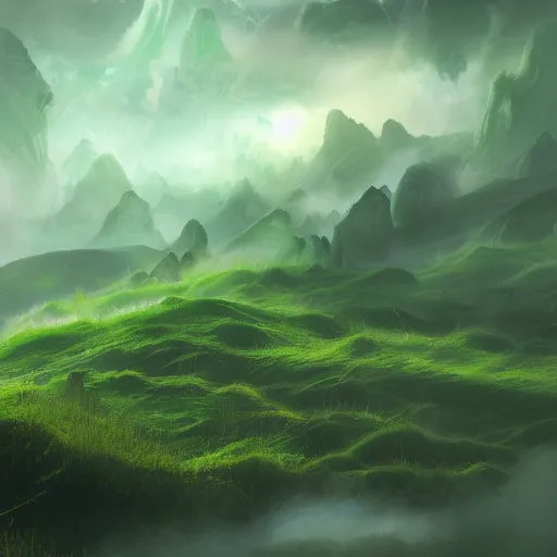 Image similar to roiling green fog clouds, artstation fantasy landscapes