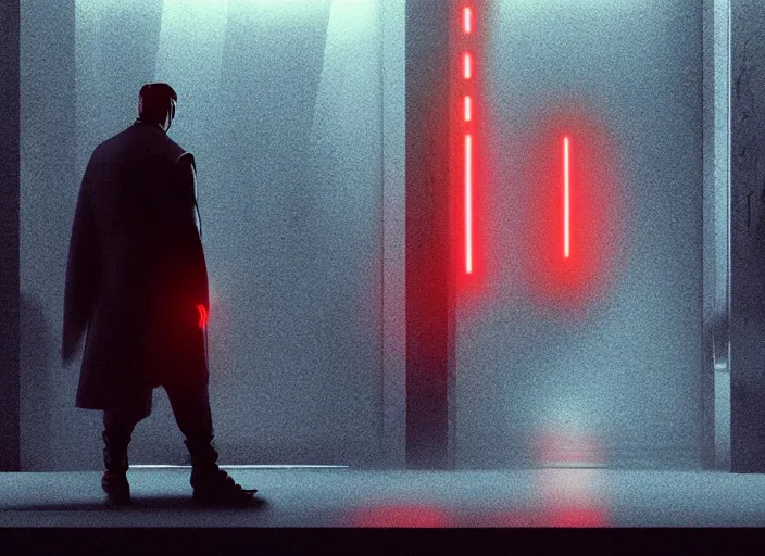 Image similar to man wearing black cyberpunk coat cybernetic hand (emissive red details glowing) metal reflective long fingers spindly creepy pointed, walking down, white marble hallway flooded with dark water. Scene from Bladerunner 2049 (2017) Artstation trending 720p.