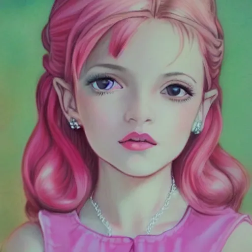 Image similar to beautiful pink little girl, profile picture, vintage fashion, highly detailed, reflection, realistic artwork, hd, inspired by jojo bizarre adventure