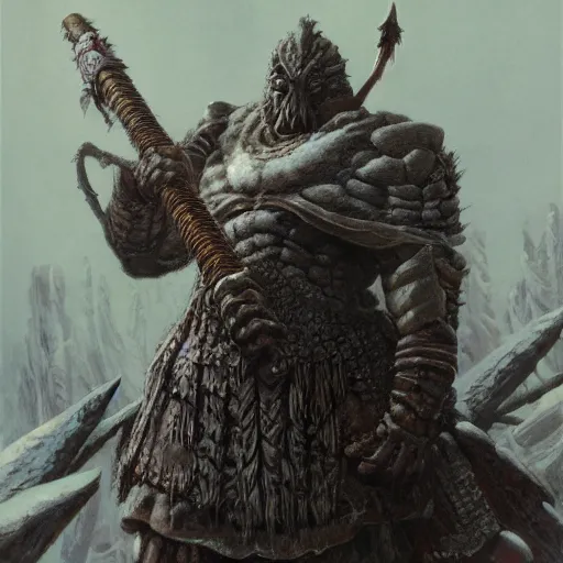 Prompt: anthropomorphic turtle barbarian humanoid, carapace, wayne barlowe, blizzard, winter, night, furs, fantasy