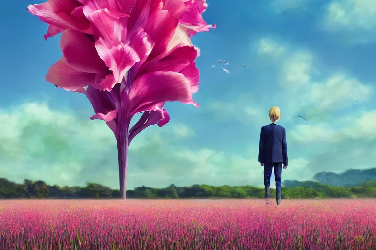 Image similar to closeup, giant gladiola flower head, girl in suit walking in field of flowers, surreal photography, sunrise, blue sky, dramatic light, impressionist painting, digital painting, artstation, simon stalenhag