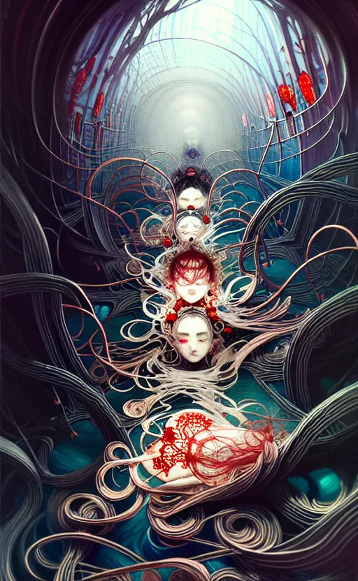 Image similar to a whirlwind of souls rushing inside the metaver, segorgeous, intricate, in the style of jin kagetsu, james jean and wlop, valentin serov style, highly detailed, sharp focus, intricate concept art, digital painting, ambient lighting, 4 k, hdt, artstation trending on gsociety, trending on artstationhq, hyper quality