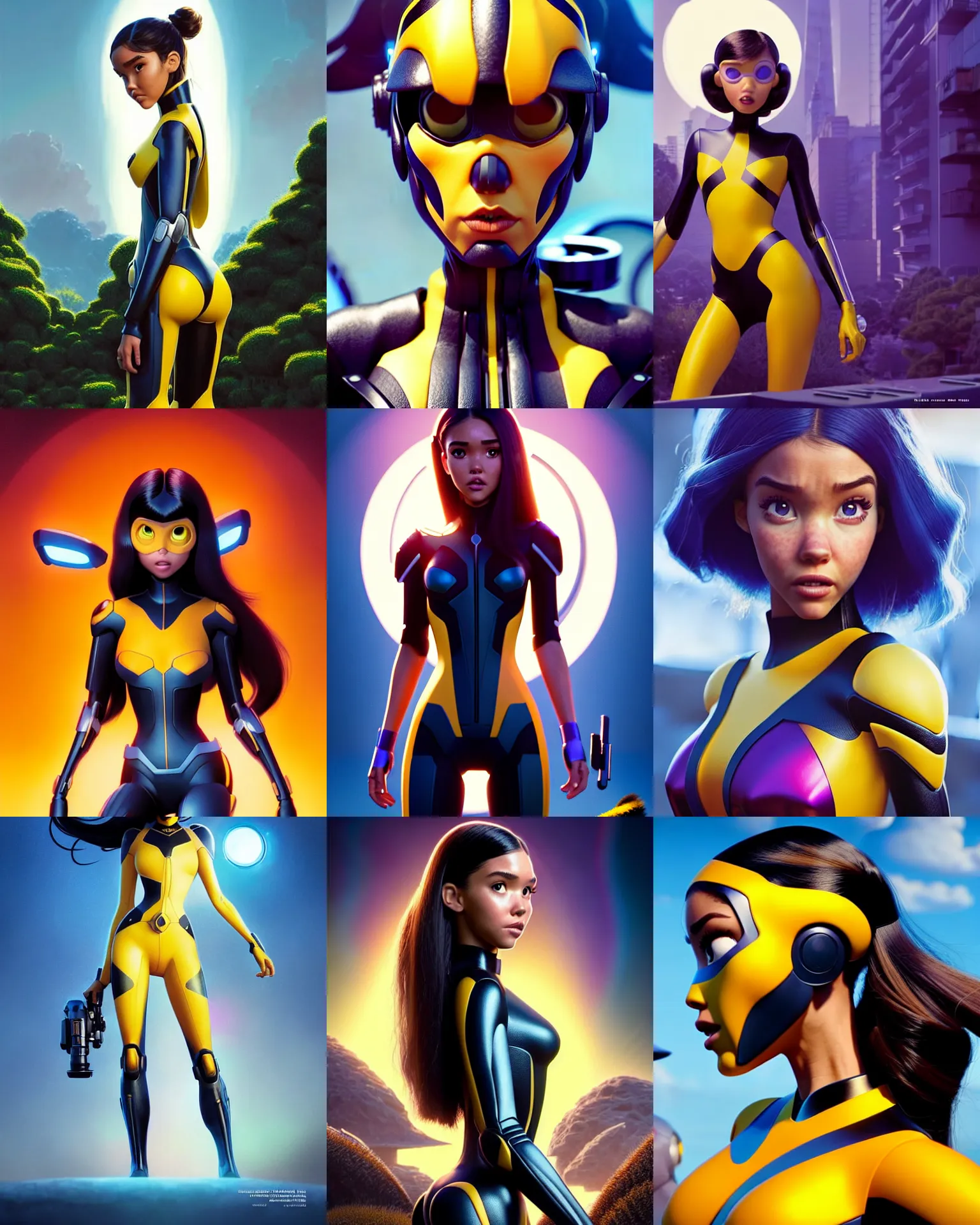 Prompt: pixar sci - fi movie still portrait photo of madison beer, jessica alba : : as hero bumblebee woman by pixar : : by weta, greg rutkowski, wlop, ilya kuvshinov, rossdraws, artgerm, marvel, maxim magazine cover, rave girl, unreal engine, glossy skin, pearlescent, bright morning, anime girl, : :