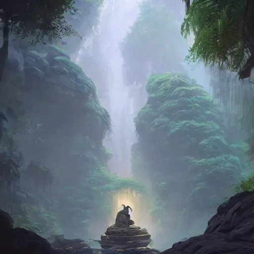 Image similar to concept art of a jungle path with a huge stone woman statue, religious, in the style of fenghua zhong and ruan jia and jeremy lipking and peter mohrbacher, mystical colors, rim light, beautiful lighting, 8 k, stunning scene, raytracing, octane, trending on artstation