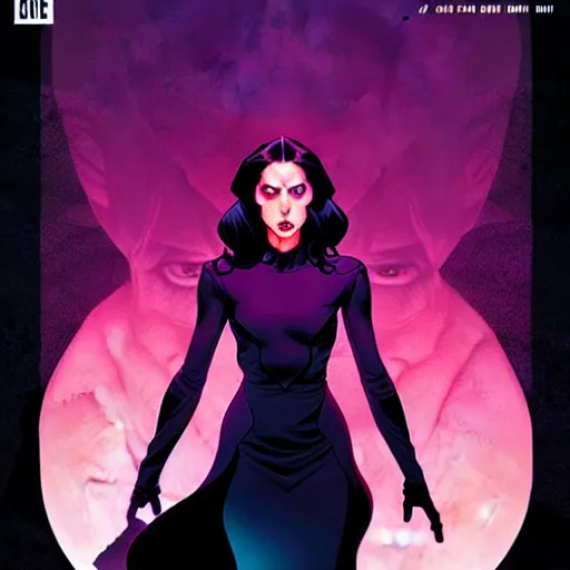 Image similar to rafael albuquerque comic cover art, artgerm, joshua middleton, pretty stella maeve witch doing black magic, serious look, purple dress, symmetrical eyes, symmetrical face, long black hair, twisted evil dark forest in the background, cool colors