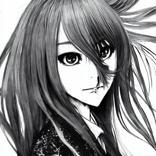 Image similar to Renaissance oil portrait of an anime girl with long white hair fluttering on the wind and black eyes wearing office suit in the style of Yoshitaka Amano drawn with expressive brush strokes, abstract black and white patterns in the backround