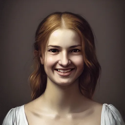 Prompt: a totally amazed smiling pretty spanish girl with blonde hair, long loose hair, precise linework, accurate brown eyes, small nose, beautiful smooth oval head, expressive emotions, hyper realistic ultrafine portrait by artemisia gentileschi, jessica rossier, greg rutkowski, artgerm