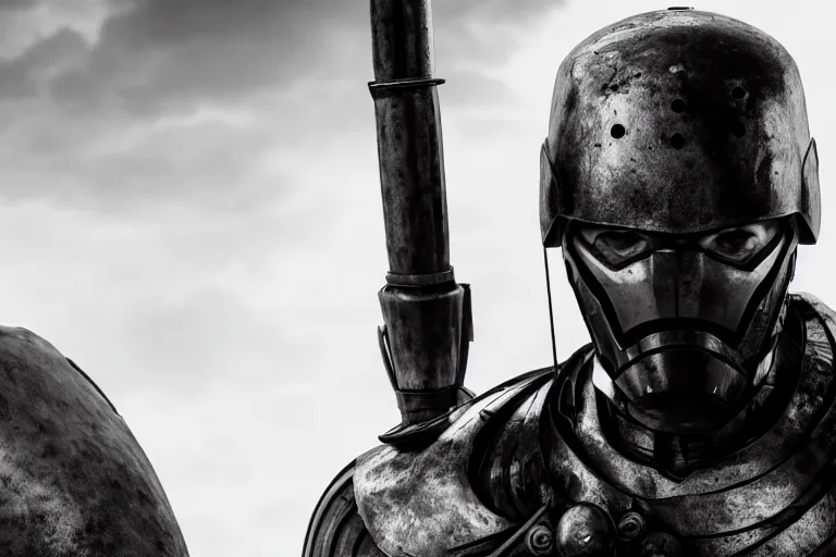 Image similar to still photo of a iron age war man looking at the camera in a battlefield, black and white color aesthetic, highly detailed, photorealistic portrait, bright studio setting, studio lighting, crisp quality and light reflections, unreal engine 5 quality render