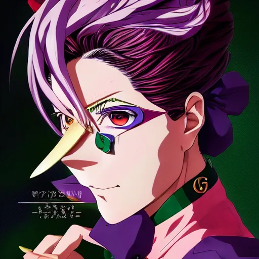 Image similar to Magazine Cover Anime key visual of a Gucci girl; official media; typography; drawn by Hirohiko Araki; Jojo's Bizarre Adventure; Jojolion, portrait, made by Stanley Artgerm Lau, WLOP, Rossdraws, James Jean, Andrei Riabovitchev, Marc Simonetti, Yoshitaka Amano, ArtStation