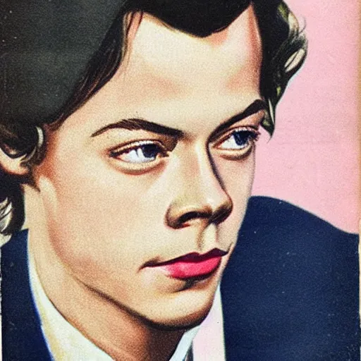 Image similar to “Harry Styles portrait, color vintage magazine illustration 1950”