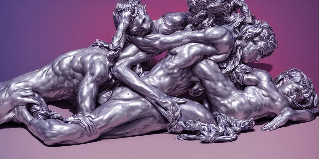 Prompt: a big pile of chrome greek sculpture of intertwined bodies painted by james jean in pastel colors. artwork by tooth wu and wlop and beeple, cinematic, hyper realism, octane render, 8 k, depth of field, bokeh. iridescent accents. vibrant.