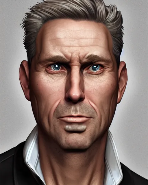 Prompt: portrait of 4 0 - year - old man, with a pale face with premature lines, and light brown hair going grey, wearing in shirt, hyper realistic face, beautiful eyes, character art, art by mark brooks, hyperdetailed, cryengine, trending on artstation, digital art