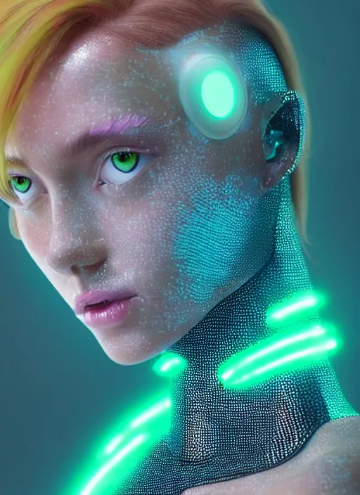 Image similar to a beautiful female humanoid with freckles cheeks, long eyelashes, cyber neon lighting, futurism, intricate futuristic jewelry, futuristic glossy latex suit, transparent plastic sleeveless vest, profile posing, hyper photorealistic, crispy quality, digital photography, trending in artstation, trending in pinterest, cinematic, 4 k ultra hd, art by pascal blanche, art by greg rutkowski,