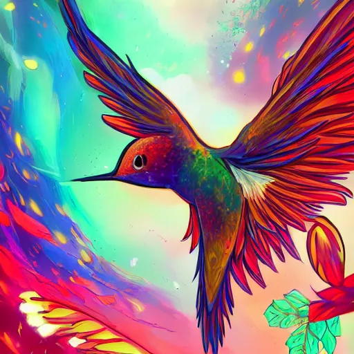 Prompt: anime painting frantic cute hummingbird phoenix phoenix phoenix zipping around, wanting to explore and investigate everything. it\'s curiosity is unbounded and insatiable, digital art, trending on artstation, stylized, colorful feathers, anime art by Kuvshinov Ilya, lariennechan, Aokamei