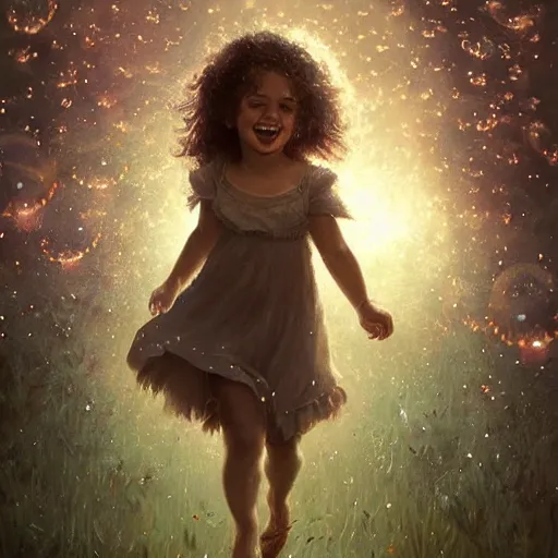 Image similar to A little girl with curly brown hair with a happy expression wearing a summer dress dancing with fireflies, fantasy art by Greg Rutkowski