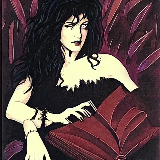 Image similar to young jennifer connelly as odile, gothic dark fae disney villain with black feathers instead of hair, girlboss, dominant, zero g, reading a book, feathers growing out of skin, pulp sci fi, mike mignola, david mack, romantic, comic book cover, vivid, beautiful, illustration, highly detailed, oil painting