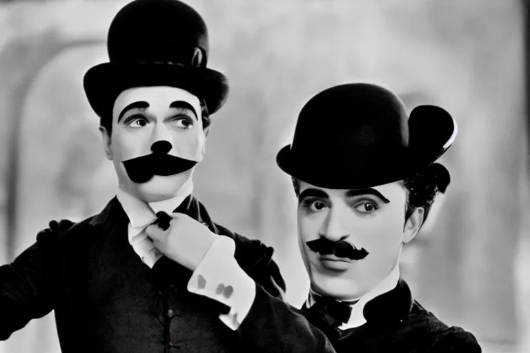 Image similar to Antonio Banderas as Charlie Chaplin in 'My Chap Chaplin' (1968), movie still frame, promotional image, imax 70 mm footage, oscar nominated cinematography, volumetric lighting, 8k resolution