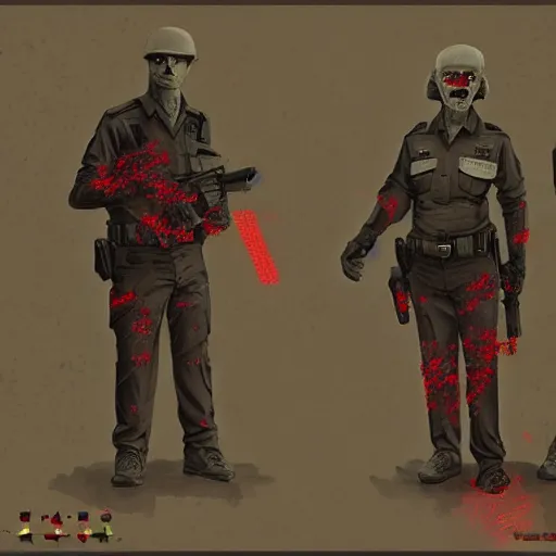 Image similar to ( ( beige ) ) uniform and caps zombie security officers glowing red trending on artstation very high detail