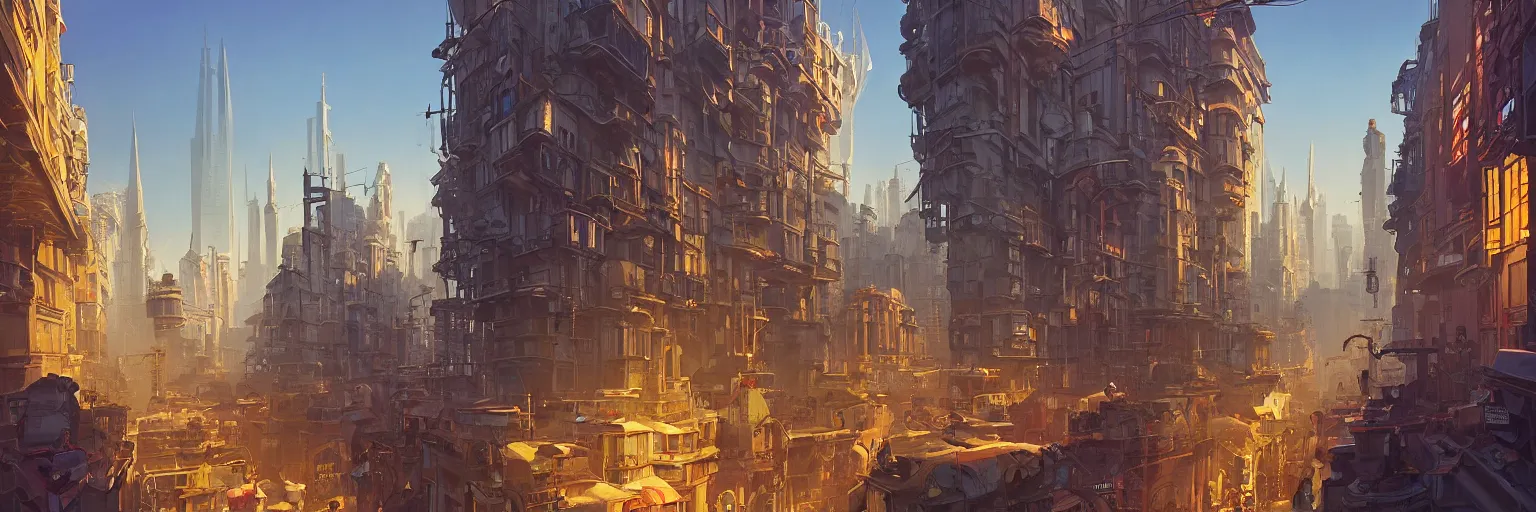 Image similar to an street level painting with high detail, ground level, sci - fi colorful victorian megacity at golden hour with sharp shadows by tyler edlin and sparth, 4 k, vray, art nouveau influences. roger deakins, cinematic cinematography.