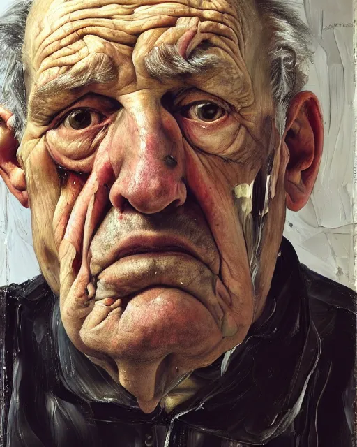 Image similar to an extreme close up portrait a very ordinary old man with an sad expression, side angle, head and shoulders shot, by Lucian Freud and Jenny Saville, oil painting, anatomically correct, beautiful perfect face, visible brushstrokes, sharp focus, Highly Detailed, Cinematic Lighting, 8k, HD