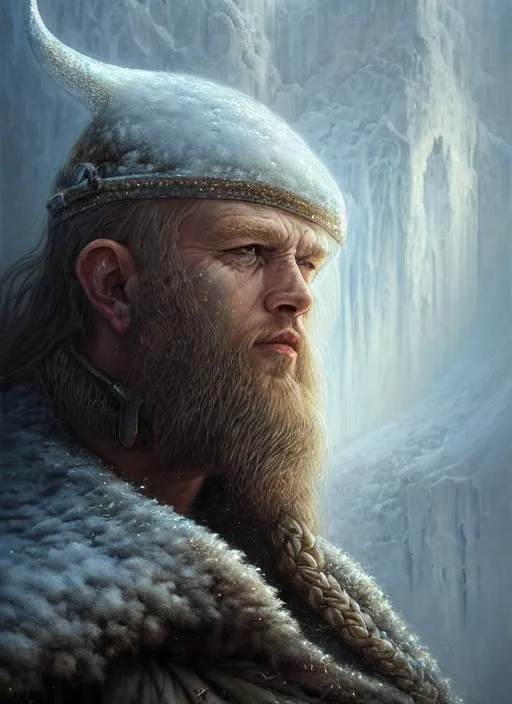 Image similar to closeup portrait shot of a snow viking in a scenic dystopian environment, intricate, elegant, highly detailed, centered, digital painting, artstation, concept art, smooth, sharp focus, illustration, artgerm, tomasz alen kopera, peter mohrbacher, donato giancola, joseph christian leyendecker, wlop, boris vallejo