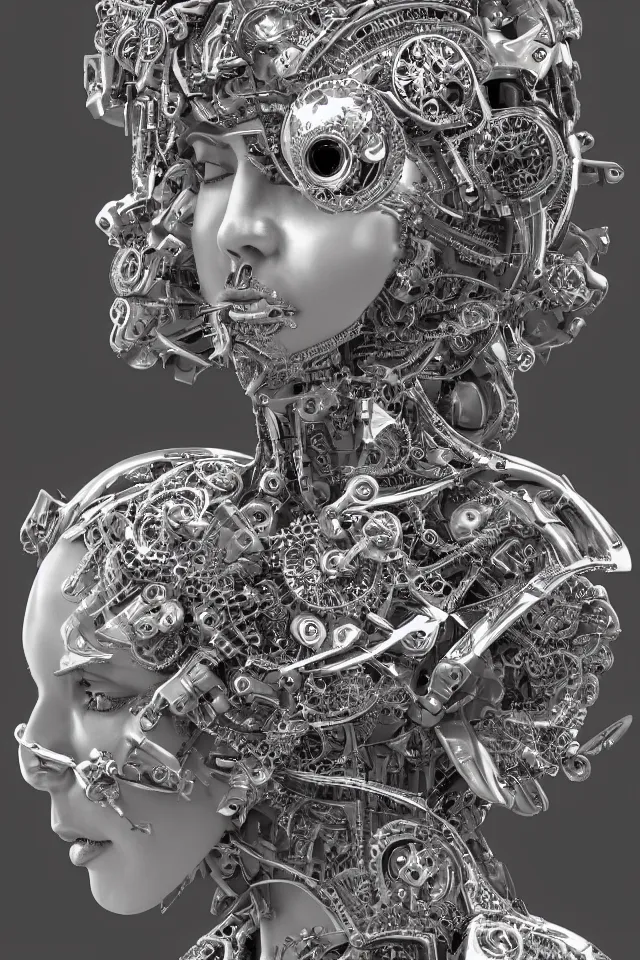 Prompt: beautiful frontal view face portrait of a queen female cyborg, 150mm, chromatic aberration, Mandelbrot fractal, symmetric, steampunk, silver mechanical, intricate, elegant, highly detailed, ornate, ornament, sculpture, elegant , luxury, beautifully lit, ray trace, octane render in the style of peter gric , Alex grey, dynamic ,8K artistic photography, photo-realistic art station