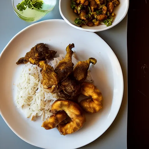 Image similar to a plate of white rice, fried rabbit thighs and fried snakes, food photography