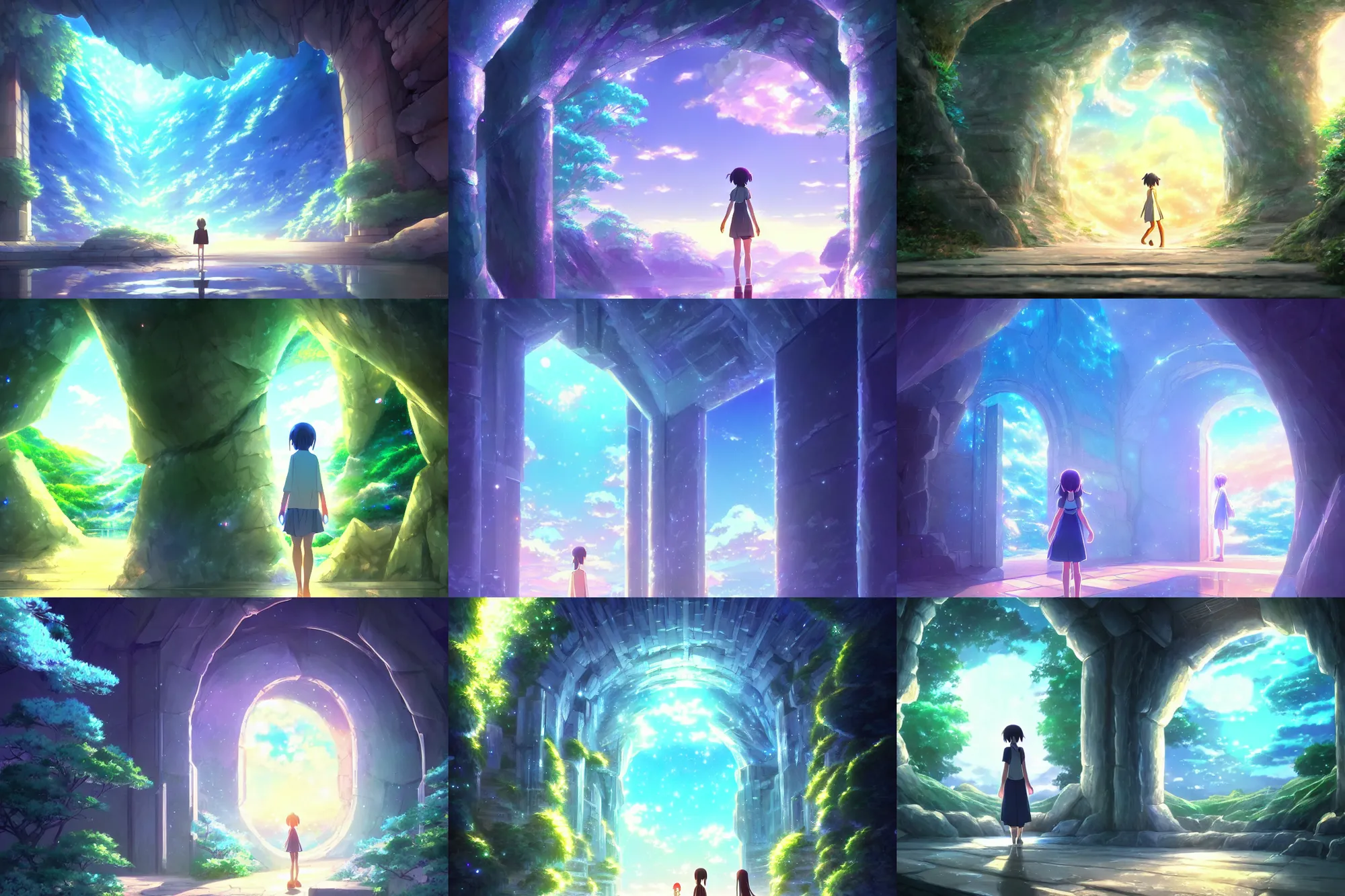 Prompt: a crystal doorway to another dimension, anime movie background, key visual, bamboo, a fantasy digital painting by makoto shinkai and james gurney, trending on artstation, highly detailed