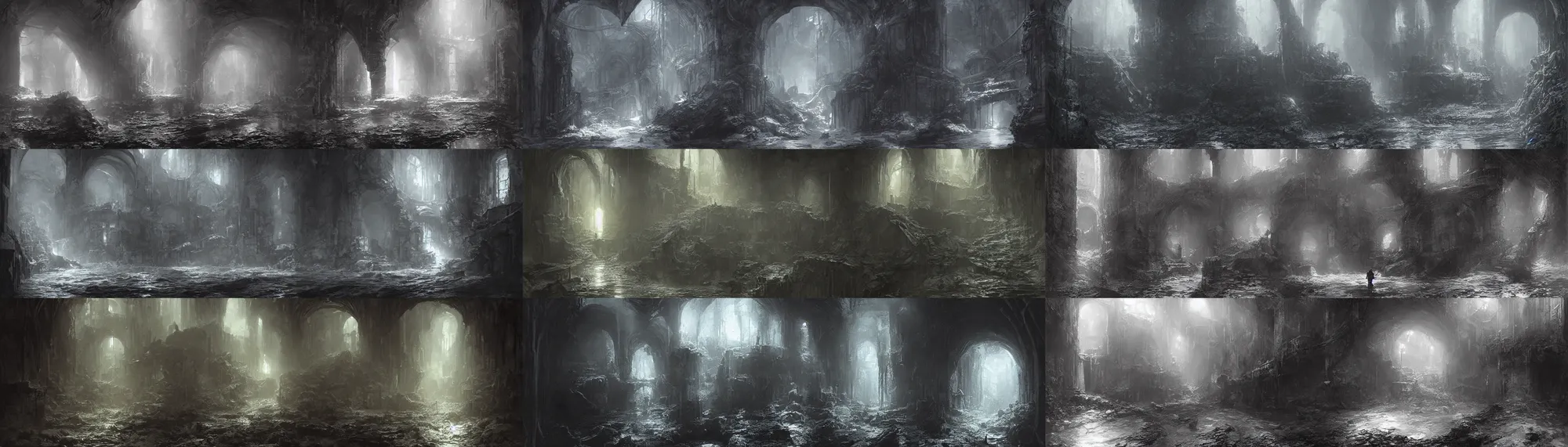 Prompt: deep water flows through waist - deep flooded sewer tunnels. fantasy art, underground, stream, crumbling masonry, darkness, sewage falling from grates, abandoned spaces, torchlight. concept sketch art by gustave dore and greg rutkowski.