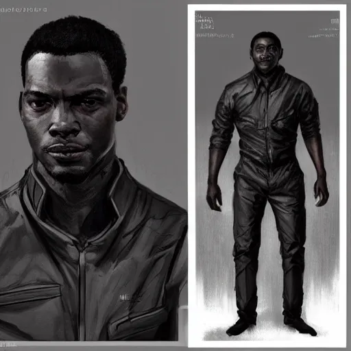 Prompt: Portrait of a black man by Greg Rutkowski, he is about 30 years old, short hair, manly, attractive, smart looking, tall and slim, he is wearing a utilitarian gray and black jumpsuit, highly detailed portrait, scifi, digital painting, artstation, concept art, smooth, sharp foccus ilustration, Artstation HQ