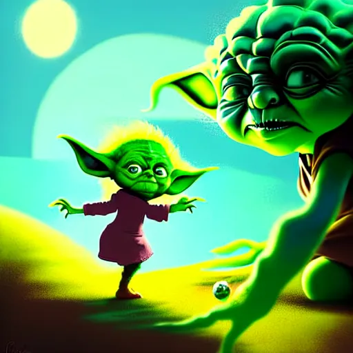 Image similar to curled perspective digital art of curly brown hair baby girl playing ball with yoda by anton fadeev from nightmare before christmas