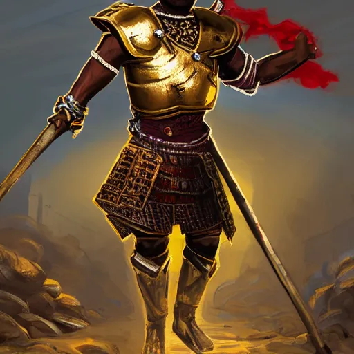 Prompt: a young black boy dressed like an african moorish warrior in gold armor and a crown with a ruby, and a glowing weapon, charging through a dragons lair, for honor character digital illustration portrait design, by adi granov in a cyberpunk style, dramatic lighting, wide angle dynamic portrait