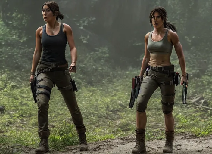 Image similar to film still of!!!! chloe bennett!!! as lara croft in new tomb raider movie, 8 k