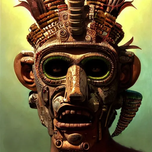 Image similar to a expressive portrait of masked diesel punk quetzalcoatl on the art of mayan ancient culture, artstation, award - winning realistic sci - fi concept art by jim burns and greg rutkowski, beksinski, a realism masterpiece, expressive color palette, james gilleard, bruegel, alphonse mucha, and yoshitaka amano