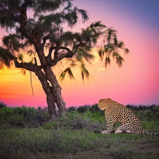 Prompt: “ leopard sitting on a palm tree, sunset in background ”