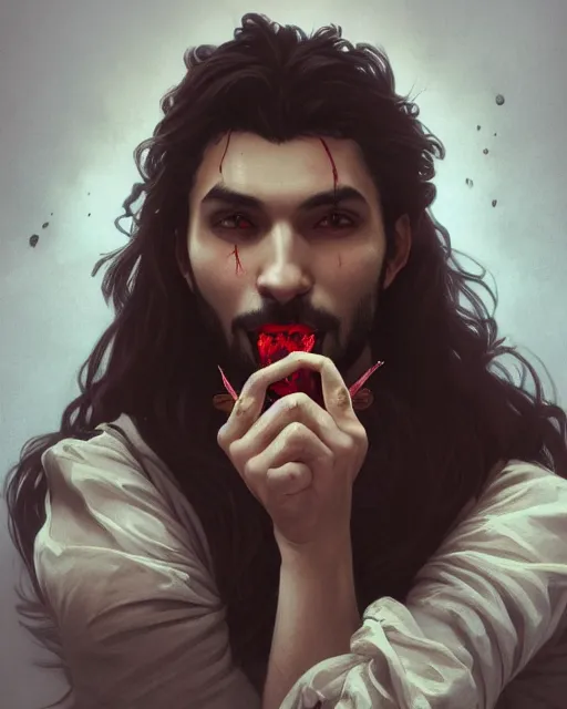 Image similar to 3 / 4 portrait, male vampire, brown skin, long dark hair, dark blue shirt, beautiful, flowers, blood on mouth, detailed background, elaborate jewelry, earrings, artstation, alphonse mucha, william bouguereau, rossdraws, greg rutkowski, super detailed, illustration, realistic, octane render, sharp focus, cinematic, 8 k