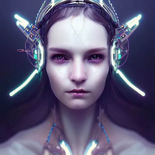Image similar to cyberpunk robotic elvish queen, diadem on the head, extremely detailed, hyperrealistic, intricate, soft light, fantasy, digital painting, art station, perfect faces, fine details, by wlop