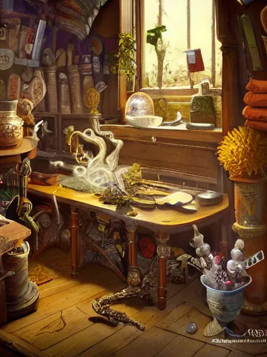 Prompt: a powerful magician working in a table full of artifacts. weeds anf flowers growing on the floor. intricate, elegant, highly detailed, digital painting, artstation, concept art, sharp focus, illustration, by justin gerard and artgerm, 8 k