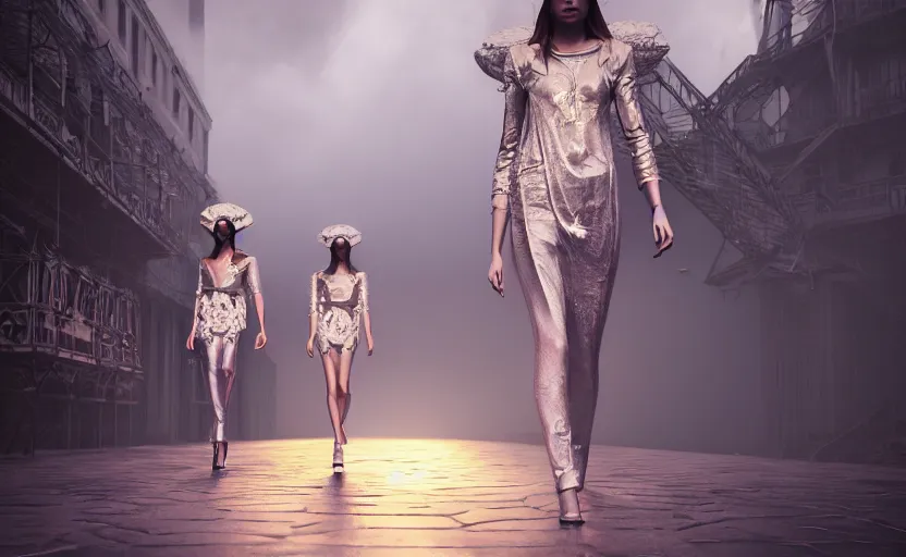 Image similar to Fashion Catwalk!! on a platform in an Angelic Floating City in the Clouds, Fashion Photography, Hyperrealistic, Intricate Details, Raytracing, Volumetric Lighting, Lightshafts, Smooth Gradients, Unreal Engine 5, Photorealism, Concept Art