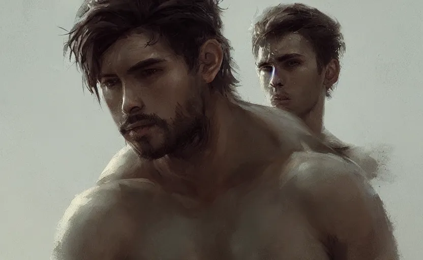 Prompt: a painting of arkul trending on artstation in the style of greg rutkowski, beautiful, male, sensual, natural skin, muscular, stubble