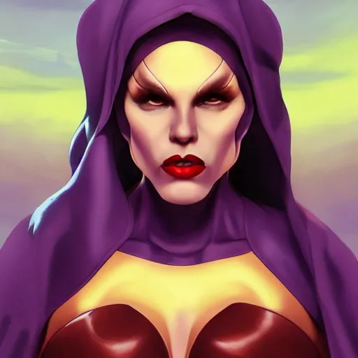 Image similar to thanos as a feminine beautiful muscular fitness model dressed as a battle nun, red lips, attractive, highly detailed full body portrait, pretty face, elegant, breathtaking art, concept art, by artgerm and ilya kuvshinov