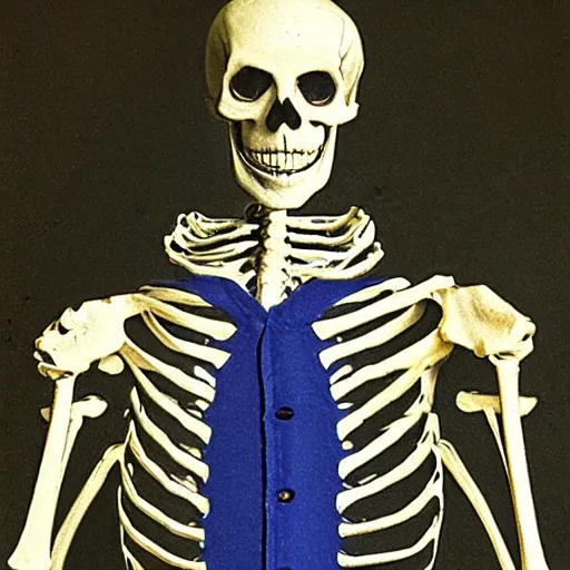 Image similar to smiling skeleton wearing blue puffy jacket, renaissance painting