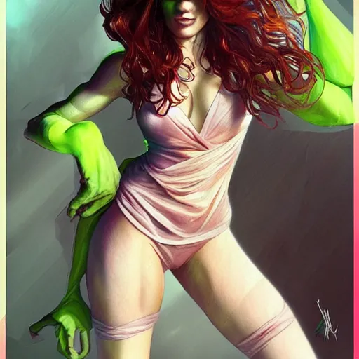 Prompt: ultra realistic illustration, bella thorne as shehulk, intricate, elegant, highly detailed, digital painting, artstation, concept art, smooth, sharp focus, illustration, art by artgerm and greg rutkowski and alphonse mucha