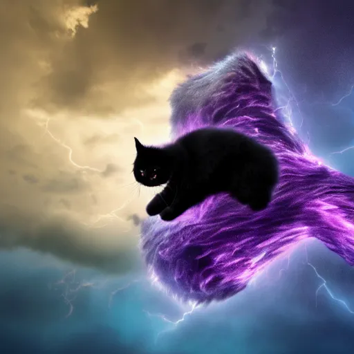 Image similar to a photo of black fluffy cat, riding on top of a big purple dragon in an electrical storm, ultrarealistic, highly detailed, 4 k