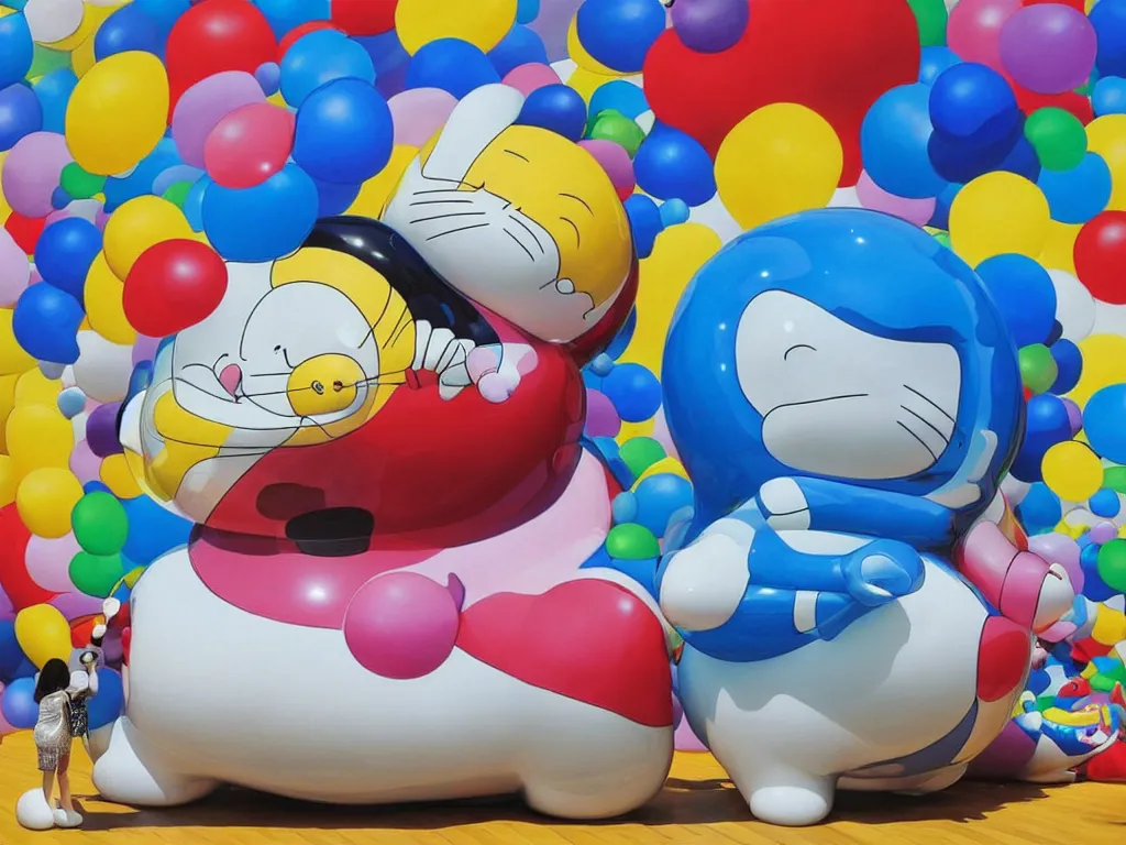 Prompt: Jeff Koon’s Doraemon Dorami Bubbles statue, painted by Botero