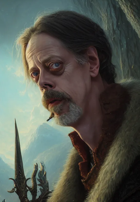 Prompt: highly detailed close up portrait of steve buscemi as a fantasy cleric surrounded by magic, in skyrim, stephen bliss, unreal engine, fantasy art by greg rutkowski, loish, rhads, ferdinand knab, makoto shinkai and lois van baarle, ilya kuvshinov, rossdraws, tom bagshaw, global illumination, radiant light, detailed and intricate environment