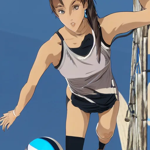 Image similar to anime style, female beach volley player, futuristic sport clothing, on the bach, standing pose, brown short hair, hair down, symmetrical facial features, from arknights, hyper realistic, rule of thirds, extreme detail, 4 k drawing, safebooru, realistic lighting, by alphonse mucha, greg rutkowski, sharp focus, backlit