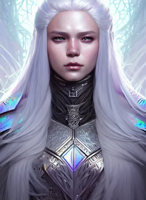 Prompt: iridescent armor!!! long wild white hair!! covered chest!!! fantasy, d & d, intricate ornate details, digital painting, pretty face!!, symmetry, concept art, sharp focus, illustration, art by artgerm! greg rutkowski magali villeneuve wlop! ilya kuvshinov!!, octane render