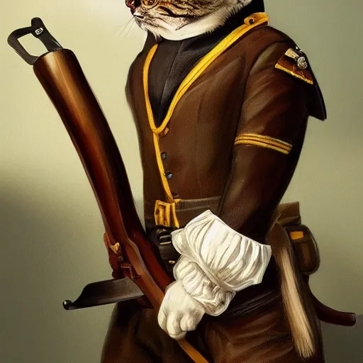 Prompt: a portrait painting of a cat in military uniform holding a musket at its side , artstation, artsy, highly details