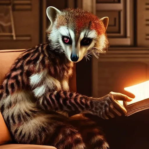 Prompt: A scene from a 2022 Marvel film featuring a humanoid genet reading on a couch. An anthropomorphic genet. 8K UHD.